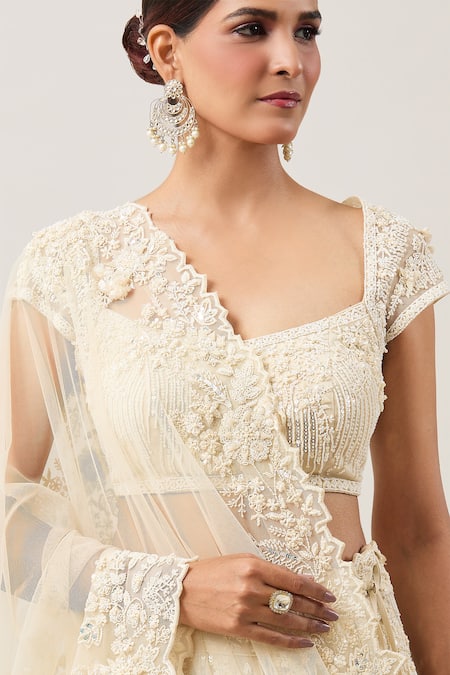 Shop_Anushree Reddy_Ivory Organza Pearls, Sequins, Baarish Meadow Embroidered Bridal Lehenga Set _Online_at_Aza_Fashions