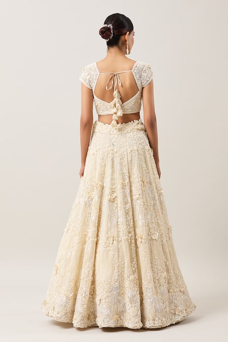 Shop_Anushree Reddy_Ivory Organza Pearls, Sequins, Baarish Meadow Embroidered Bridal Lehenga Set _at_Aza_Fashions