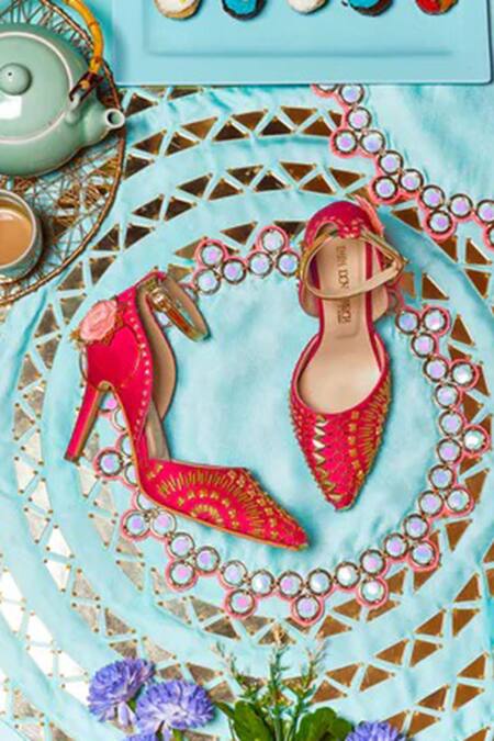 Buy_Papa Don't Preach Accessories_Pink Pearls, Chains, Fabric Flowers The Rositas Metallic Embellished Stilettos _Online_at_Aza_Fashions