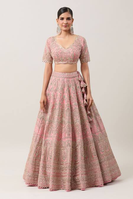 Anushree Reddy Pink Organza Zari, Sequins V-neck Mahal Zardozi Embroidered Bridal Lehenga Set Online at Aza Fashions Anushree Reddy_Pink Organza Zari, Sequins V-neck Mahal Zardozi Embroidered Bridal Lehenga Set _Online_at_Aza_Fashions