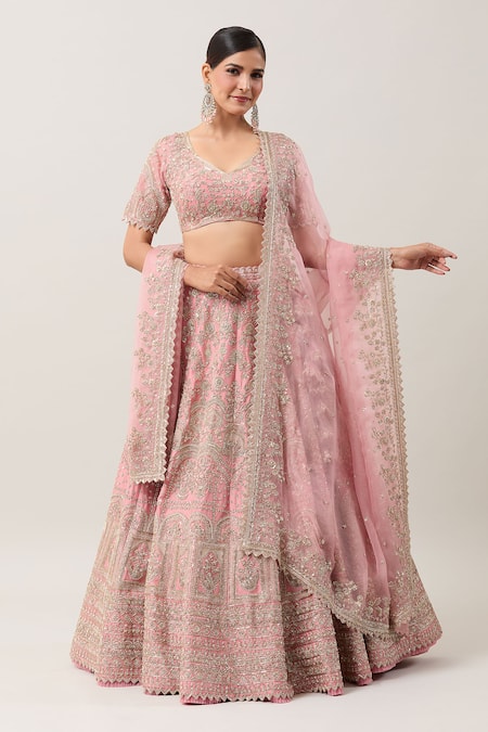 Shop Anushree Reddy Pink Organza Zari, Sequins V-neck Mahal Zardozi Embroidered Bridal Lehenga Set Online at Aza Fashions Shop_Anushree Reddy_Pink Organza Zari, Sequins V-neck Mahal Zardozi Embroidered Bridal Lehenga Set _Online_at_Aza_Fashions