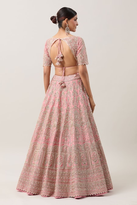 Shop Anushree Reddy Pink Organza Zari, Sequins V-neck Mahal Zardozi Embroidered Bridal Lehenga Set at Aza Fashions Shop_Anushree Reddy_Pink Organza Zari, Sequins V-neck Mahal Zardozi Embroidered Bridal Lehenga Set _at_Aza_Fashions