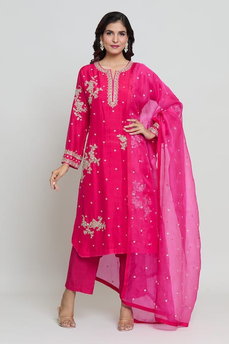 Anushree Reddy Red Dupion Silk Embroidery Kangana Spring Blossom Kurta Pant Set  