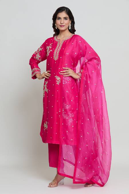 Anushree Reddy Red Silk, Organza Cut Work, Kangana Spring Blossom Embroidered Kurta Pant Set at Aza Fashions Anushree Reddy_Red Silk, Organza Cut Work, Kangana Spring Blossom Embroidered Kurta Pant Set _at_Aza_Fashions