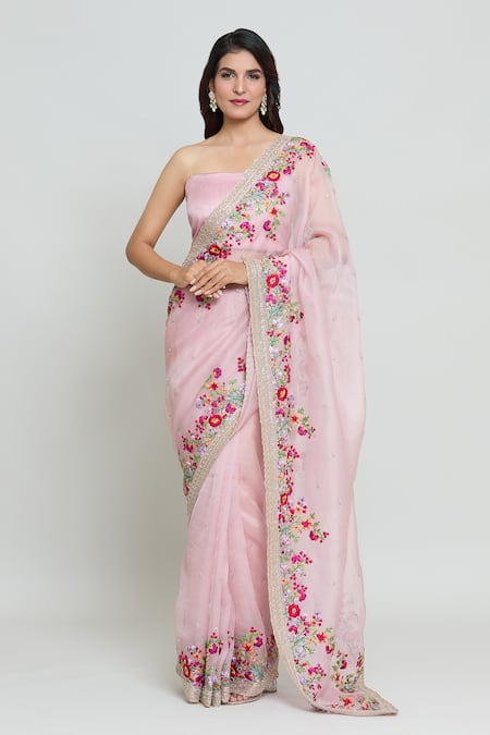 Anushree Reddy Bloom Garden Embroidered Saree With Unstitched Blouse Fabric 