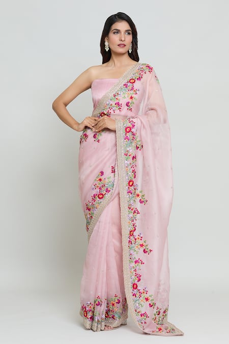 Anushree Reddy Pink Organza Zari Bloom Garden Embroidered Saree With Unstitched Blouse Fabric Online at Aza Fashions Anushree Reddy_Pink Organza Zari Bloom Garden Embroidered Saree With Unstitched Blouse Fabric _Online_at_Aza_Fashions
