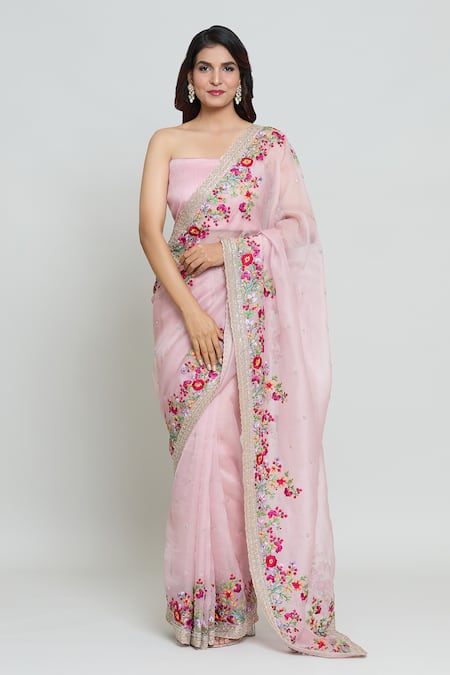 Anushree Reddy Pink Organza Zari Bloom Garden Embroidered Saree With Unstitched Blouse Fabric at Aza Fashions Anushree Reddy_Pink Organza Zari Bloom Garden Embroidered Saree With Unstitched Blouse Fabric _at_Aza_Fashions