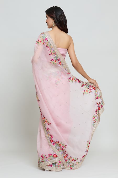 Shop Anushree Reddy Pink Organza Zari Bloom Garden Embroidered Saree With Unstitched Blouse Fabric at Aza Fashions Shop_Anushree Reddy_Pink Organza Zari Bloom Garden Embroidered Saree With Unstitched Blouse Fabric _at_Aza_Fashions