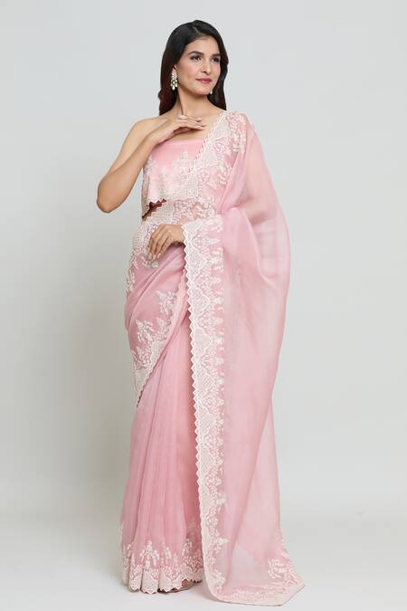 Anushree Reddy Pink Organza Pearls, Mughal Gul Embroidered Saree With Unstitched Blouse Fabric Online at Aza Fashions Anushree Reddy_Pink Organza Pearls, Mughal Gul Embroidered Saree With Unstitched Blouse Fabric _Online_at_Aza_Fashions