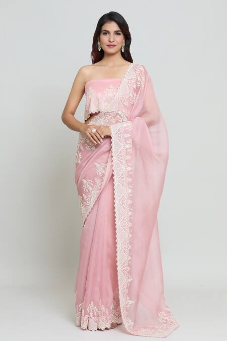 Buy Anushree Reddy Pink Organza Pearls, Mughal Gul Embroidered Saree With Unstitched Blouse Fabric Buy_Anushree Reddy_Pink Organza Pearls, Mughal Gul Embroidered Saree With Unstitched Blouse Fabric