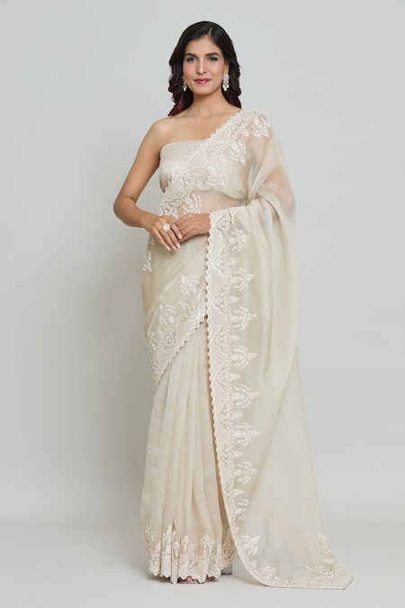 Anushree Reddy Ivory Organza Embroidery Persian Bloom Saree With Unstitched Blouse Fabric 