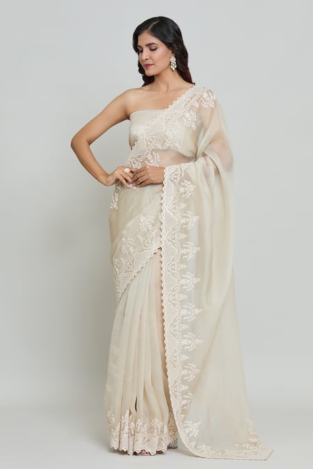 Anushree Reddy Ivory Organza Persian Bloom Embroidered Saree With Unstitched Blouse Fabric Online at Aza Fashions Anushree Reddy_Ivory Organza Persian Bloom Embroidered Saree With Unstitched Blouse Fabric _Online_at_Aza_Fashions