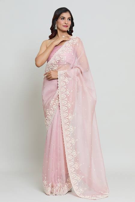 Anushree Reddy_Pink Organza Maryul Bloom Embroidered Saree With Unstitched Blouse Fabric _Online_at_Aza_Fashions