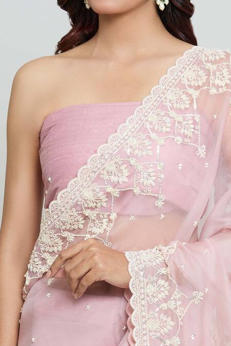 Buy_Anushree Reddy_Pink Organza Maryul Bloom Embroidered Saree With Unstitched Blouse Fabric _Online_at_Aza_Fashions