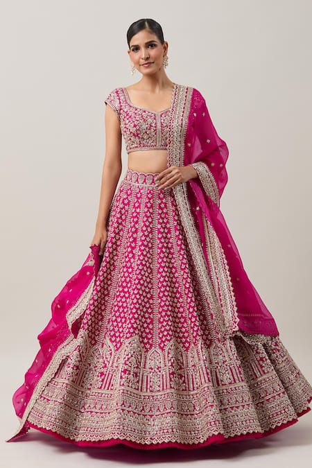 Anushree Reddy Red Organza Embroidery Zardozi Shukrana Mughal Bridal Lehenga Set  