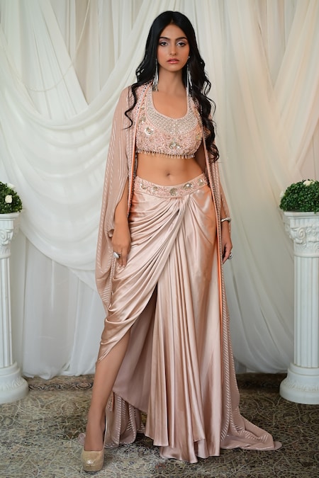 SHASHANK ARYA Beige Japanese Satin Embellished Sequin Blouse Round Draped Dhoti Skirt Set