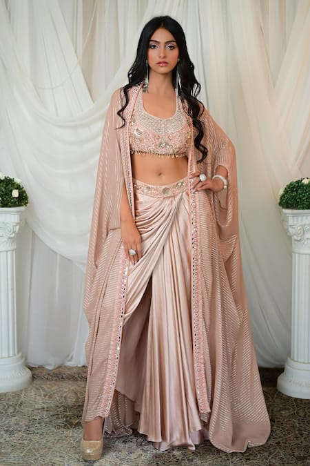 Shashank Arya_Beige Georgette, Satin Beads, Tassels Round Neck Draped Dhoti Skirt Set _Online_at_Aza_Fashions