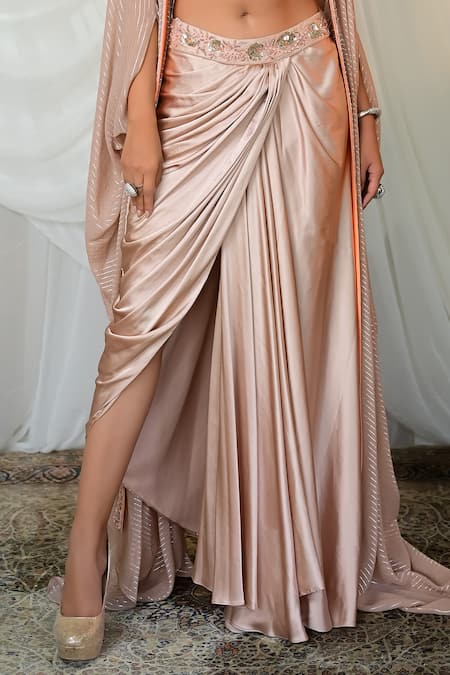 Buy_Shashank Arya_Beige Georgette, Satin Beads, Tassels Round Neck Draped Dhoti Skirt Set _Online_at_Aza_Fashions