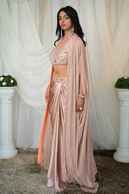 Shop_Shashank Arya_Beige Georgette, Satin Beads, Tassels Round Neck Draped Dhoti Skirt Set _Online_at_Aza_Fashions