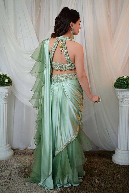 Shop Shashank Arya Green Organza, Denim, Satin Sequins, Beads Embroidered Mint Ruffle Saree Set at Aza Fashions Shop_Shashank Arya_Green Organza, Denim, Satin Sequins, Beads Embroidered Mint Ruffle Saree Set_at_Aza_Fashions