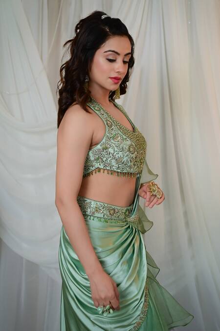 Buy Shashank Arya Green Organza, Denim, Satin Sequins, Beads Embroidered Mint Ruffle Saree Set Online at Aza Fashions Buy_Shashank Arya_Green Organza, Denim, Satin Sequins, Beads Embroidered Mint Ruffle Saree Set_Online_at_Aza_Fashions