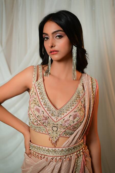 Shashank Arya_Beige Georgette, Denim, Silk Embroidery, Layered Pre-draped Saree With Blouse _Online_at_Aza_Fashions