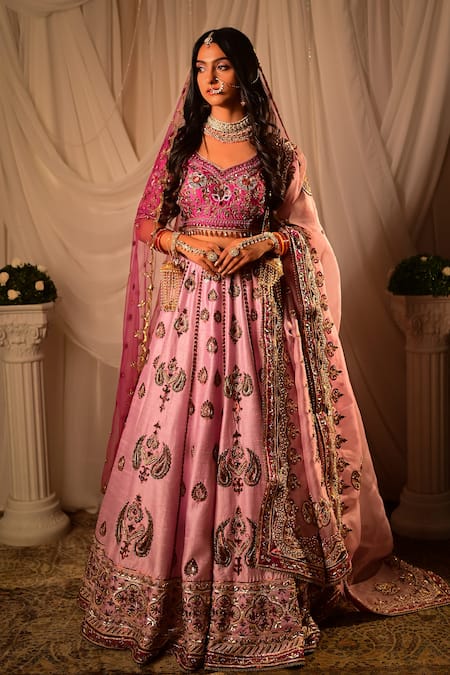 SHASHANK ARYA Purple Raw Silk Embroidered Floral Leaf Paisley Bridal Lehenga Set 