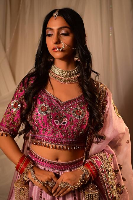 Buy Shashank Arya Purple Silk, Organza, Tulle Sequins, Paisley Embroidered Bridal Lehenga Set Buy_Shashank Arya_Purple Silk, Organza, Tulle Sequins, Paisley Embroidered Bridal Lehenga Set