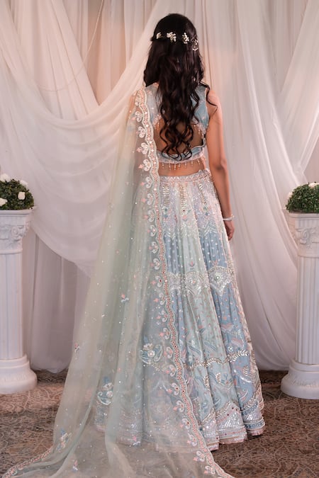 Shop Shashank Arya Blue Organza, Denim Sequins, Beads, Tassels Scoop Neck Embroidered Lehenga Set at Aza Fashions Shop_Shashank Arya_Blue Organza, Denim Sequins, Beads, Tassels Scoop Neck Embroidered Lehenga Set _at_Aza_Fashions