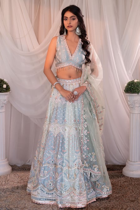 Shashank Arya Blue Organza, Denim Sequins, Beads, Tassels Scoop Neck Embroidered Lehenga Set Online at Aza Fashions Shashank Arya_Blue Organza, Denim Sequins, Beads, Tassels Scoop Neck Embroidered Lehenga Set _Online_at_Aza_Fashions