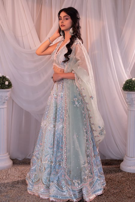 Buy Shashank Arya Blue Organza, Denim Sequins, Beads, Tassels Scoop Neck Embroidered Lehenga Set Online at Aza Fashions Buy_Shashank Arya_Blue Organza, Denim Sequins, Beads, Tassels Scoop Neck Embroidered Lehenga Set _Online_at_Aza_Fashions