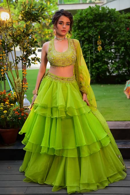 Shashank Arya Green Organza, Silk Tassels, Sequins, Zari Round Embroidered Blouse Lehenga Set Online at Aza Fashions Shashank Arya_Green Organza, Silk Tassels, Sequins, Zari Round Embroidered Blouse Lehenga Set _Online_at_Aza_Fashions