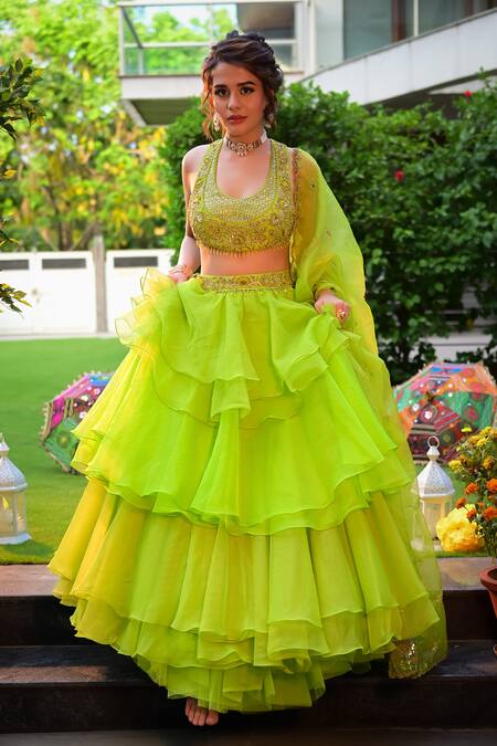 Buy Shashank Arya Green Organza, Silk Tassels, Sequins, Zari Round Embroidered Blouse Lehenga Set Online at Aza Fashions Buy_Shashank Arya_Green Organza, Silk Tassels, Sequins, Zari Round Embroidered Blouse Lehenga Set _Online_at_Aza_Fashions