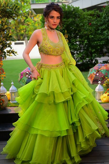 Shop Shashank Arya Green Organza, Silk Tassels, Sequins, Zari Round Embroidered Blouse Lehenga Set Online at Aza Fashions Shop_Shashank Arya_Green Organza, Silk Tassels, Sequins, Zari Round Embroidered Blouse Lehenga Set _Online_at_Aza_Fashions