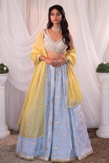 Buy_Shashank Arya_Blue Brocade, Tissue, Organza Sequins, Floral Embroidered Lehenga Blouse Set _Online_at_Aza_Fashions