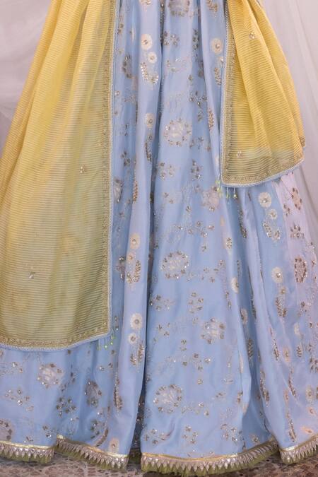 Shop_Shashank Arya_Blue Brocade, Tissue, Organza Sequins, Floral Embroidered Lehenga Blouse Set _Online_at_Aza_Fashions
