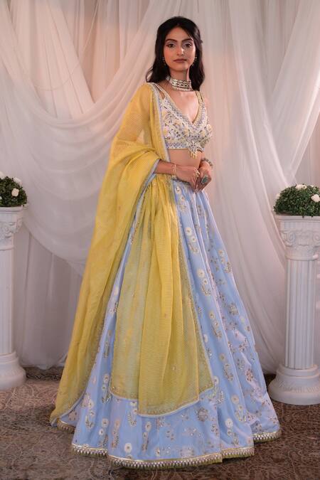 Buy_Shashank Arya_Blue Brocade, Tissue, Organza Sequins, Floral Embroidered Lehenga Blouse Set 