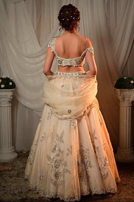 Shop Shashank Arya Ivory Organza, Denim Embroidery, Mirrors, Sequins, Floral Lehenga Blouse Set at Aza Fashions Shop_Shashank Arya_Ivory Organza, Denim Embroidery, Mirrors, Sequins, Floral Lehenga Blouse Set _at_Aza_Fashions