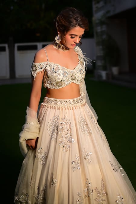 Shashank Arya Ivory Organza, Denim Embroidery, Mirrors, Sequins, Floral Lehenga Blouse Set Online at Aza Fashions Shashank Arya_Ivory Organza, Denim Embroidery, Mirrors, Sequins, Floral Lehenga Blouse Set _Online_at_Aza_Fashions
