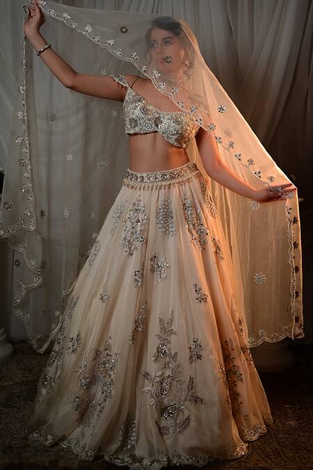 Buy Shashank Arya Ivory Organza, Denim Embroidery, Mirrors, Sequins, Floral Lehenga Blouse Set Online at Aza Fashions Buy_Shashank Arya_Ivory Organza, Denim Embroidery, Mirrors, Sequins, Floral Lehenga Blouse Set _Online_at_Aza_Fashions