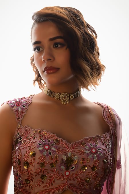 Shashank Arya_Purple Organza, Georgette Mirrors, Sequins, Mukaish Lehenga Blouse Set _Online_at_Aza_Fashions