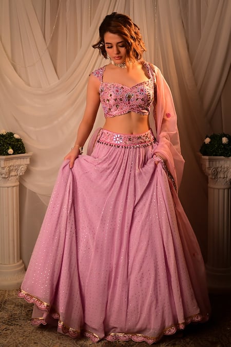 Buy_Shashank Arya_Purple Organza, Georgette Mirrors, Sequins, Mukaish Lehenga Blouse Set _Online_at_Aza_Fashions