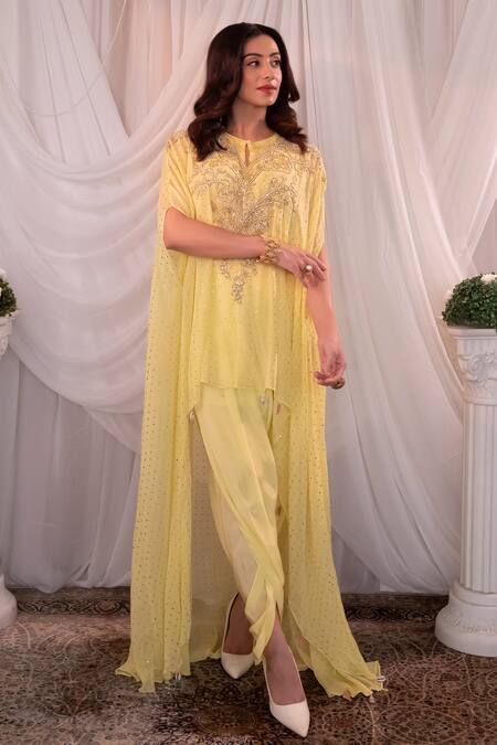 Shashank Arya_Yellow Crepe, Georgette Mirrors Round Neck Mukaish Embroidered Kaftan Dhoti Set _Online_at_Aza_Fashions