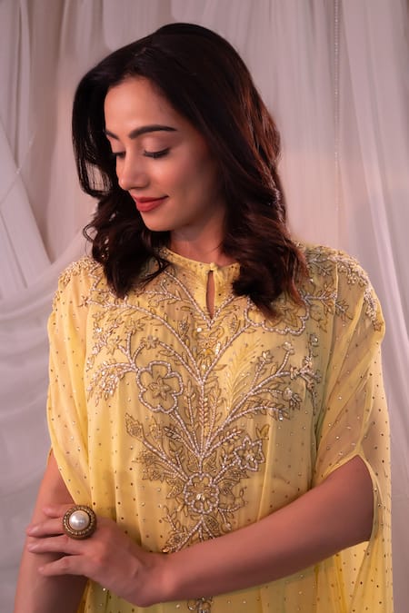 Buy_Shashank Arya_Yellow Crepe, Georgette Mirrors Round Neck Mukaish Embroidered Kaftan Dhoti Set _Online_at_Aza_Fashions