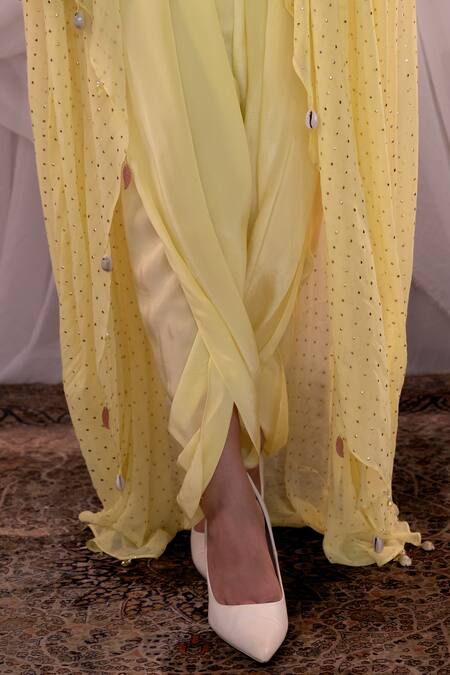 Shop_Shashank Arya_Yellow Crepe, Georgette Mirrors Round Neck Mukaish Embroidered Kaftan Dhoti Set _Online_at_Aza_Fashions