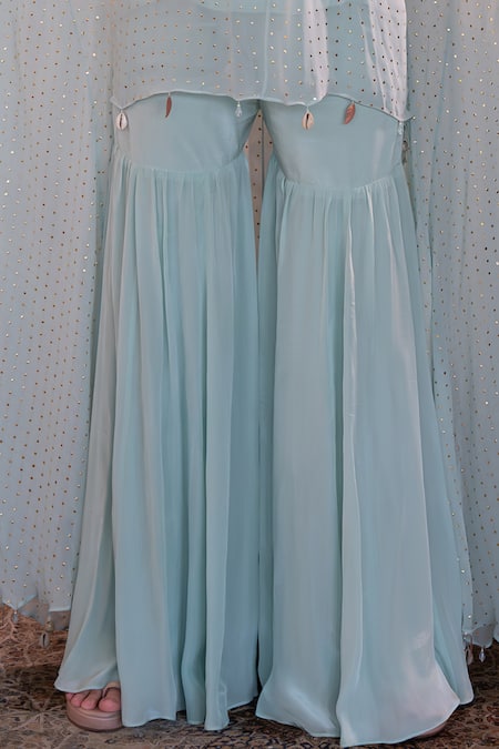 Shashank Arya_Blue Crepe, Georgette Mirrors Round Neck Mukaish Embroidered Kaftan Sharara Set _Online_at_Aza_Fashions