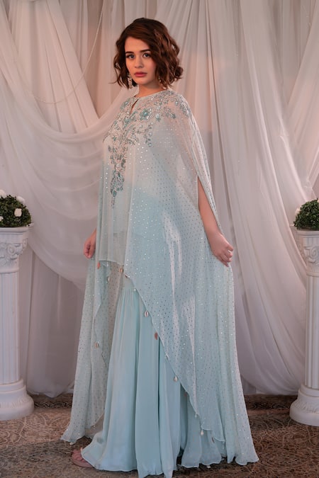 Buy_Shashank Arya_Blue Crepe, Georgette Mirrors Round Neck Mukaish Embroidered Kaftan Sharara Set _Online_at_Aza_Fashions