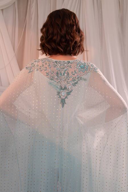 Shop_Shashank Arya_Blue Crepe, Georgette Mirrors Round Neck Mukaish Embroidered Kaftan Sharara Set _Online_at_Aza_Fashions