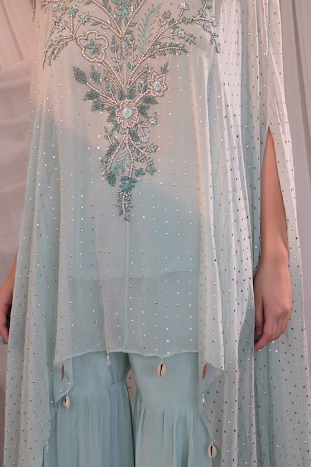 Shashank Arya_Blue Crepe, Georgette Mirrors Round Neck Mukaish Embroidered Kaftan Sharara Set _at_Aza_Fashions
