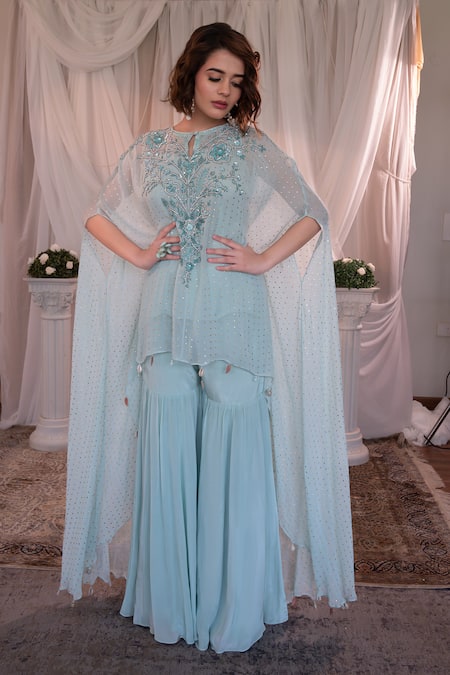 Buy_Shashank Arya_Blue Crepe, Georgette Mirrors Round Neck Mukaish Embroidered Kaftan Sharara Set 